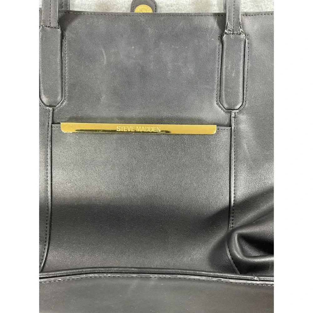 Steve Madden Black Faux Leather Tote Bag Gold Hardware Large Shopper Handbag
